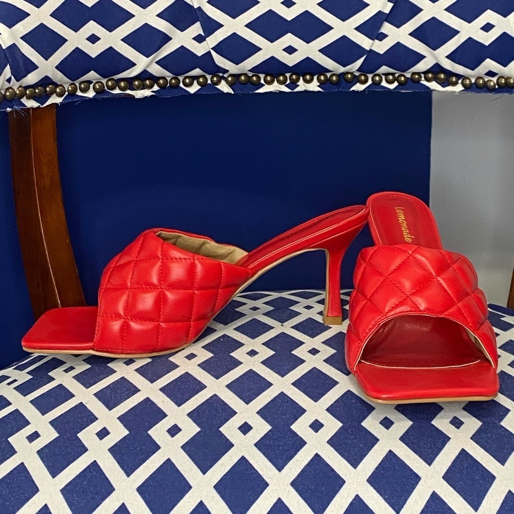 Red quilted square toe bright heeled mules sz 9